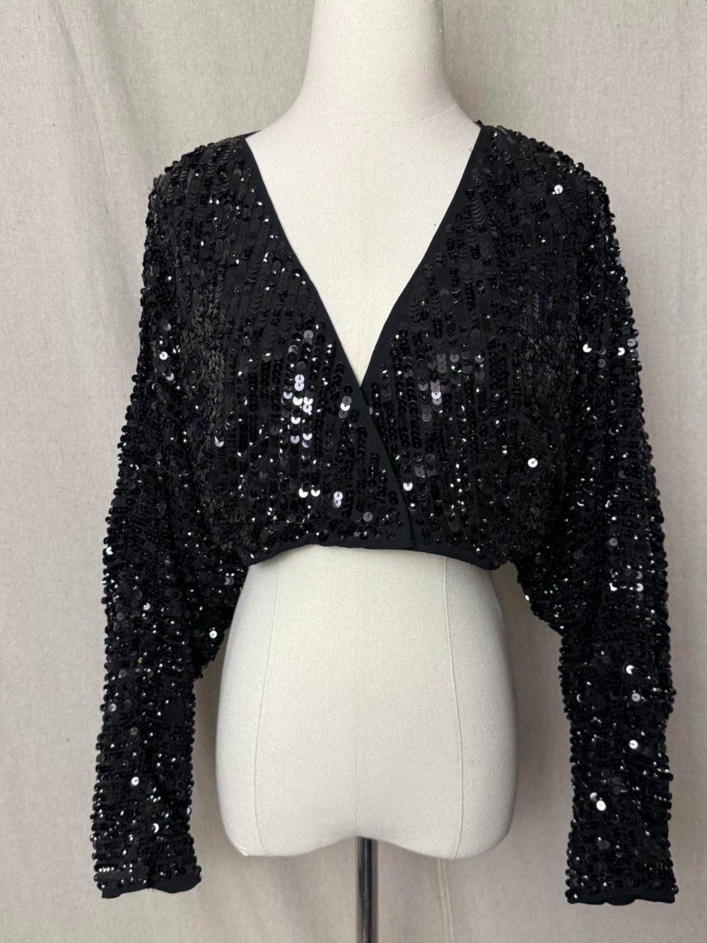 Black Sequin Bell Sleeve Cropped Evening Jacket